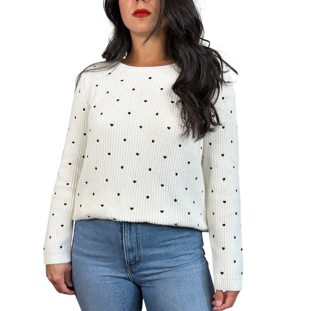 Talbots White Hearts & Polka Dot Crewneck Oversized Sweater